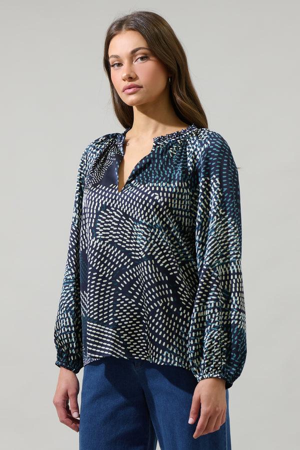 Sugarlips Kirby Geometric Jovie Split Neck Satin Raglan Blouse