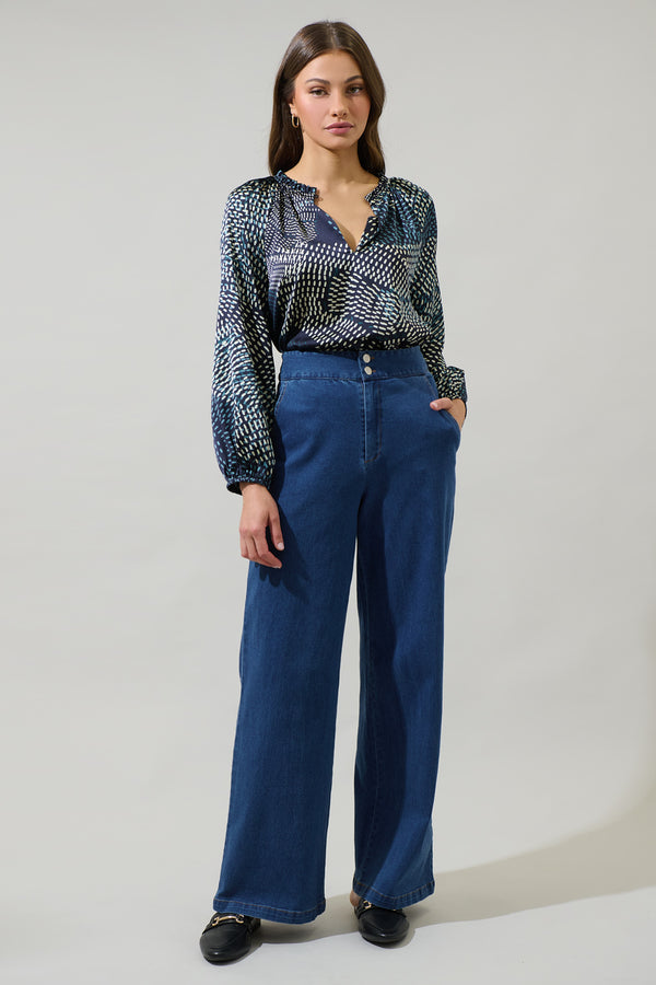 Sugarlips Kirby Geometric Jovie Split Neck Satin Raglan Blouse