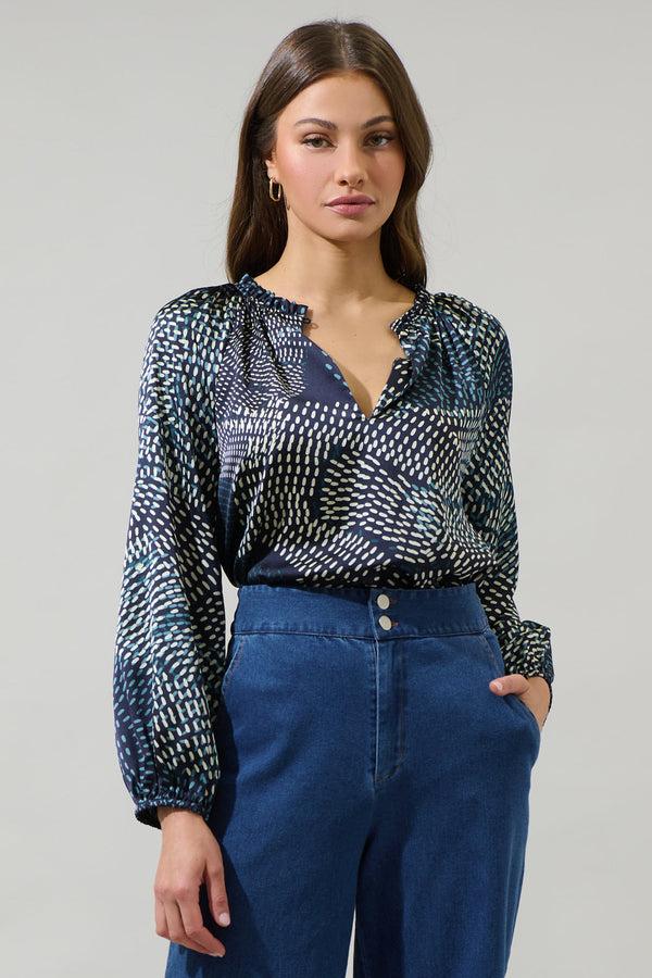 sugarlips Kirby Geometric Jovie Split Neck Satin Raglan Blouse