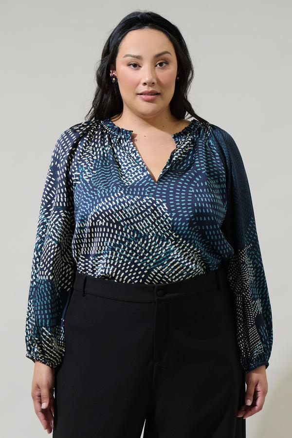 sugarlips Kirby Geometric Jovie Split Neck Satin Raglan Blouse Curve