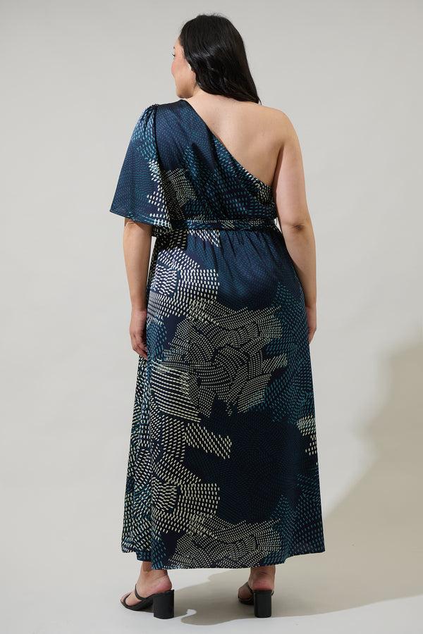 Sugarlips Kirby Geometric Meara One Shoulder Satin Maxi Dress Curve