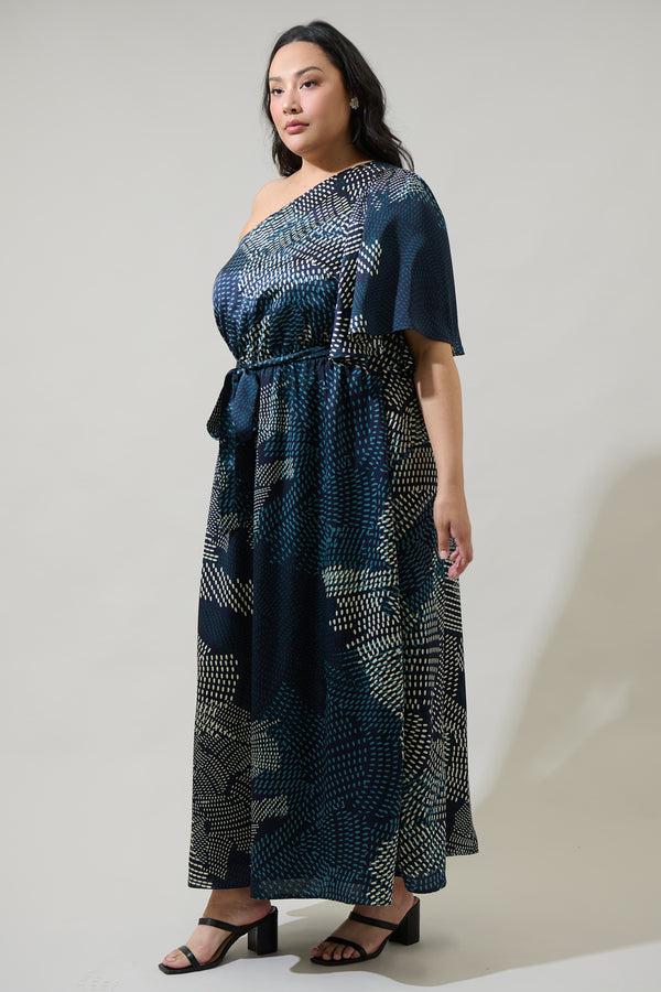 Sugarlips Kirby Geometric Meara One Shoulder Satin Maxi Dress Curve