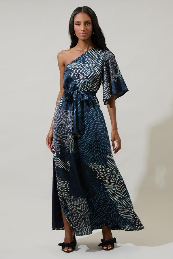 Sugarlips Kirby Geometric Meara One Shoulder Satin Maxi Dress