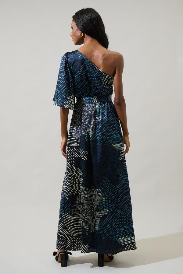 Sugarlips Kirby Geometric Meara One Shoulder Satin Maxi Dress