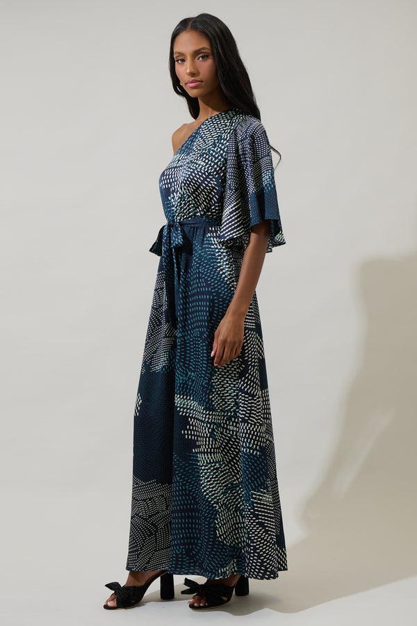 Sugarlips Kirby Geometric Meara One Shoulder Satin Maxi Dress