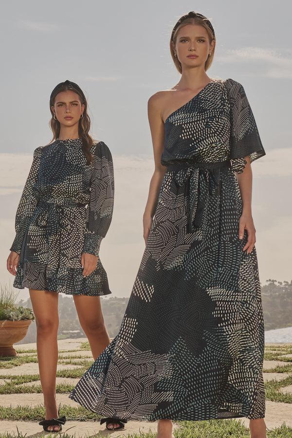 sugarlips Kirby Geometric Meara One Shoulder Satin Maxi Dress