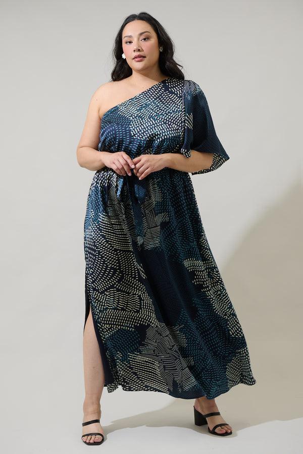 sugarlips Kirby Geometric Meara One Shoulder Satin Maxi Dress Curve