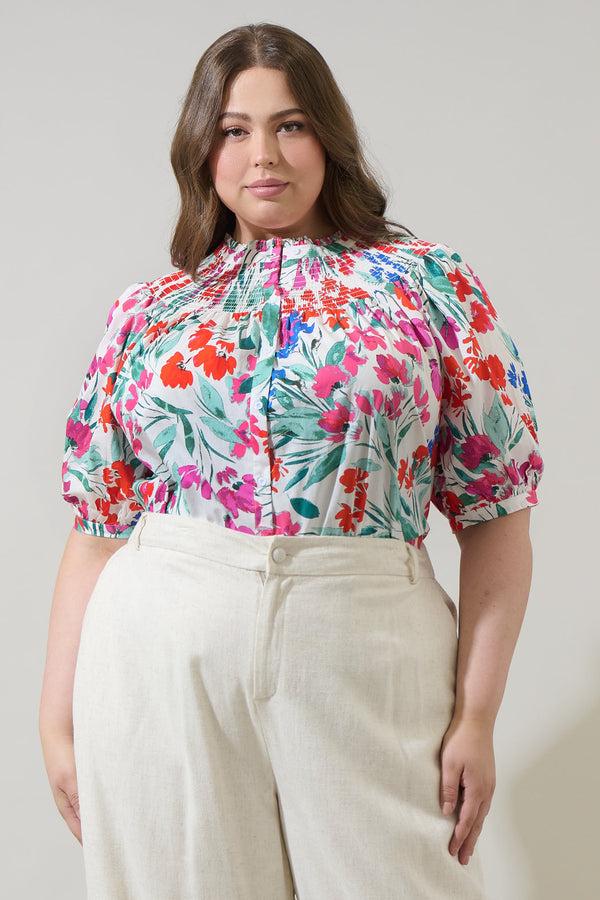 sugarlips Kivia Blossom Smocked Mock Neck Top Curve