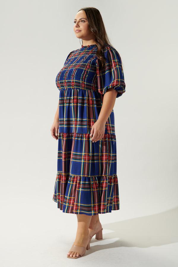 Sugarlips Lakeview Plaid Smocked Tiered Midi Dress Curve