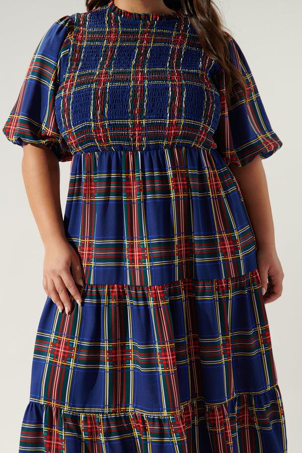 Sugarlips Lakeview Plaid Smocked Tiered Midi Dress Curve