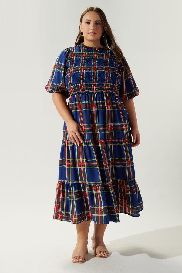 sugarlips Lakeview Plaid Smocked Tiered Midi Dress Curve