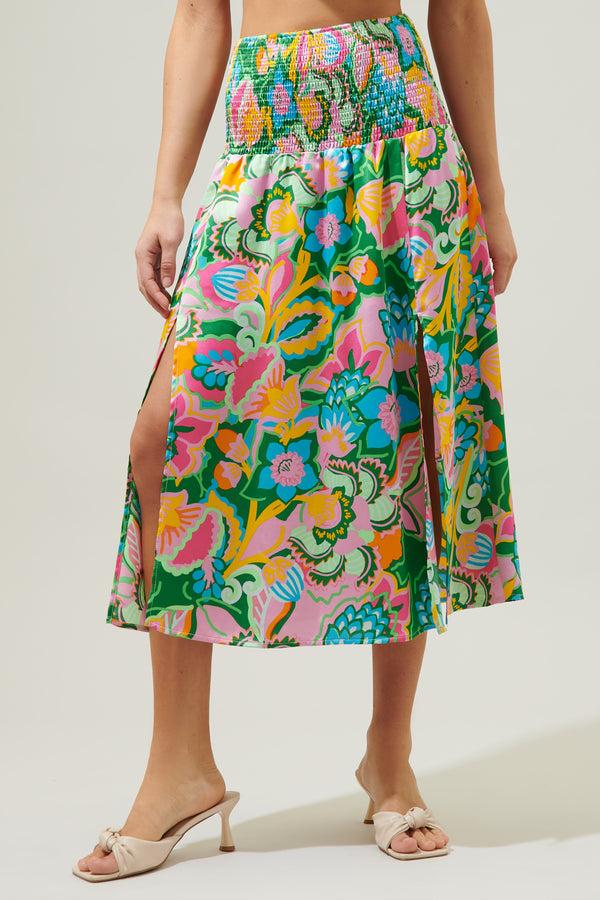 Sugarlips Lanai Multi Tropics Dreamheart Smocked Midi Skirt