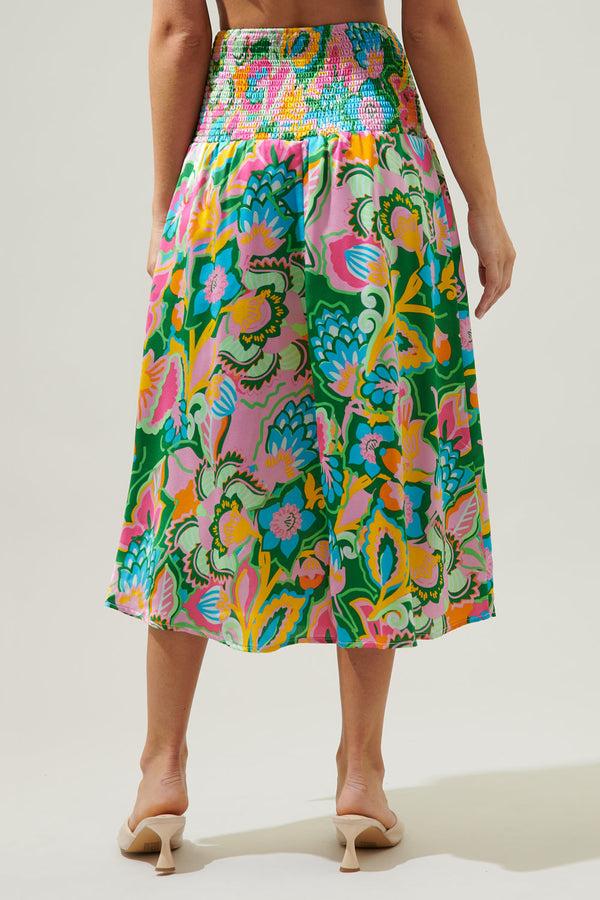 Sugarlips Lanai Multi Tropics Dreamheart Smocked Midi Skirt