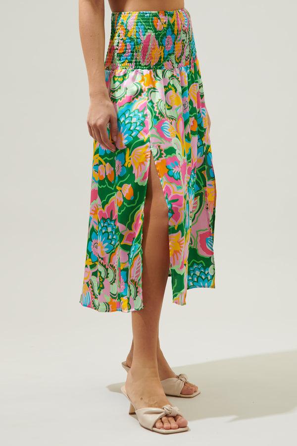 Sugarlips Lanai Multi Tropics Dreamheart Smocked Midi Skirt