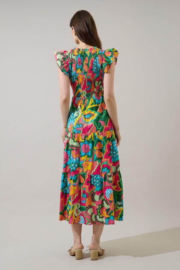 Sugarlips Lanai Multi Tropics Sunfire Smocked Bodice Tiered Midi Dress