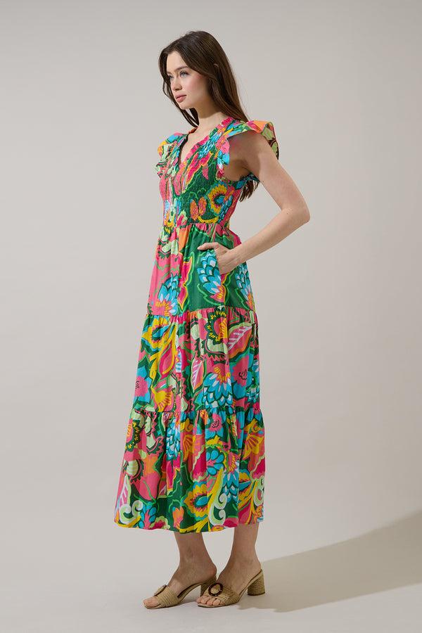 Sugarlips Lanai Multi Tropics Sunfire Smocked Bodice Tiered Midi Dress