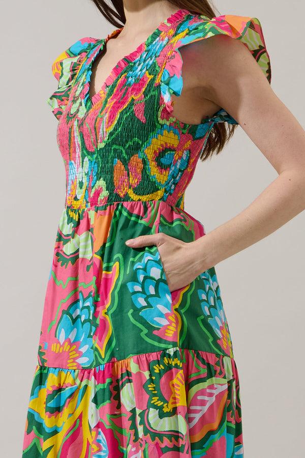 Sugarlips Lanai Multi Tropics Sunfire Smocked Bodice Tiered Midi Dress