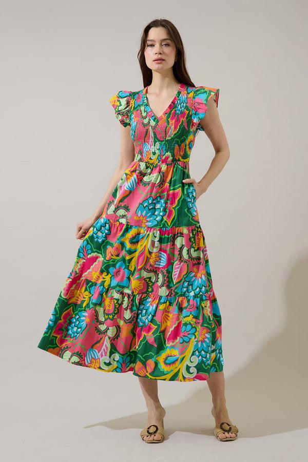sugarlips Lanai Multi Tropics Sunfire Smocked Bodice Tiered Midi Dress