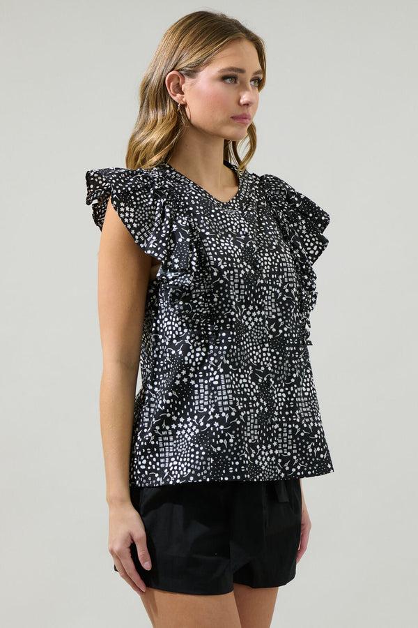 Sugarlips Larsa Onyx Geometric Vance Button Front Blouse