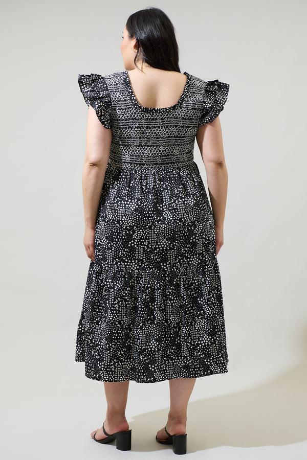 Sugarlips Larsa Onyx Geometric Wendy Smocked Midi Dress Curve