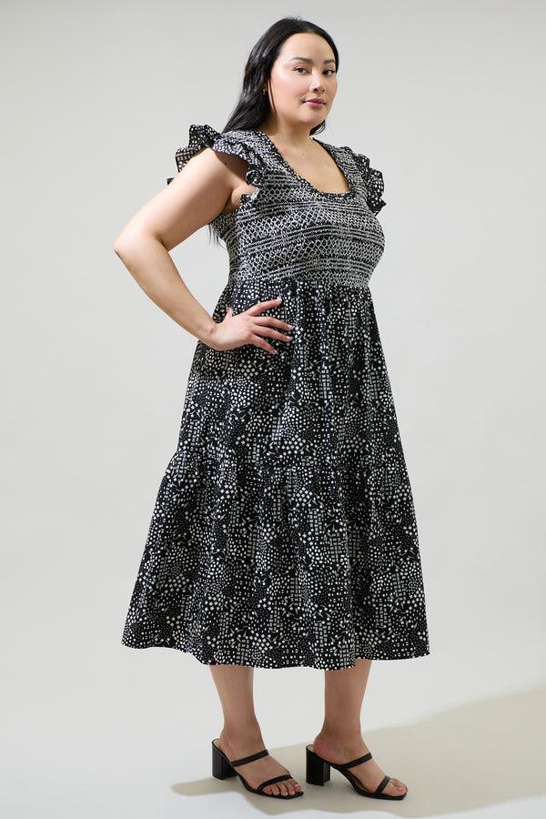 Sugarlips Larsa Onyx Geometric Wendy Smocked Midi Dress Curve