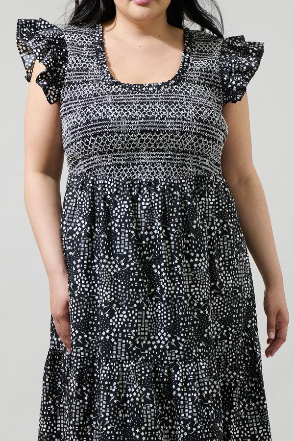 Sugarlips Larsa Onyx Geometric Wendy Smocked Midi Dress Curve