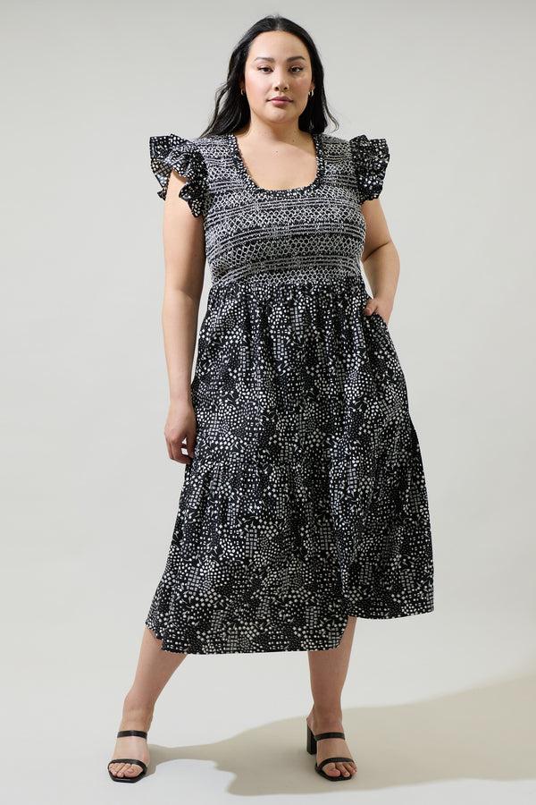 sugarlips Larsa Onyx Geometric Wendy Smocked Midi Dress Curve