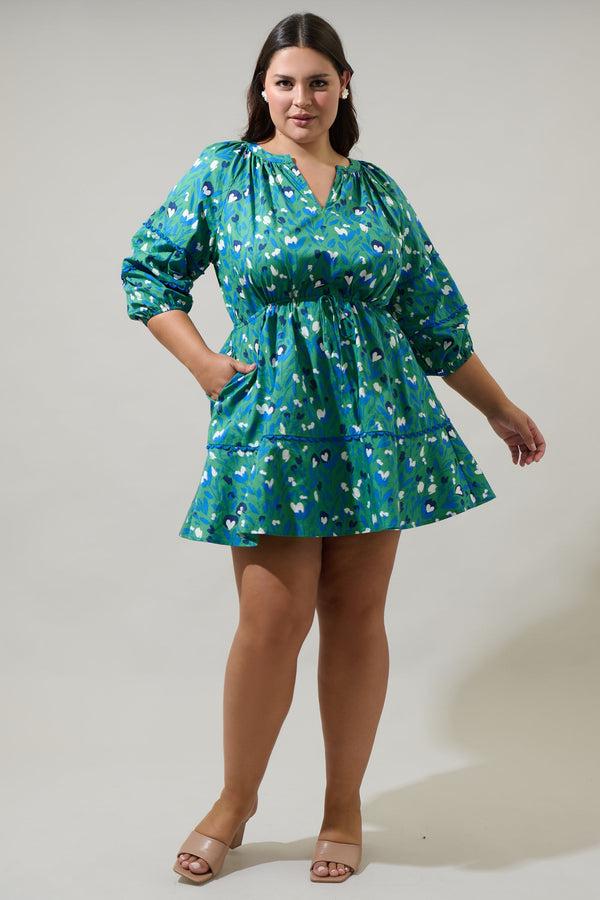 Sugarlips Laury Floral Dabria Split Neck Mini Dress Curve