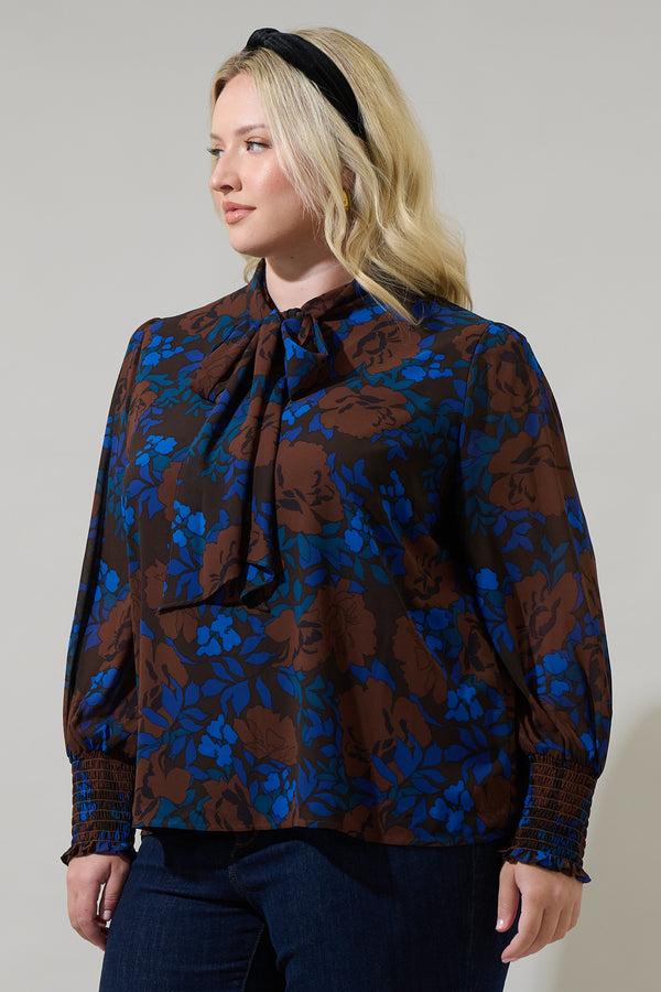 Sugarlips Lebanon Floral Etienne Tie Neck Long Sleeve Blouse Curve