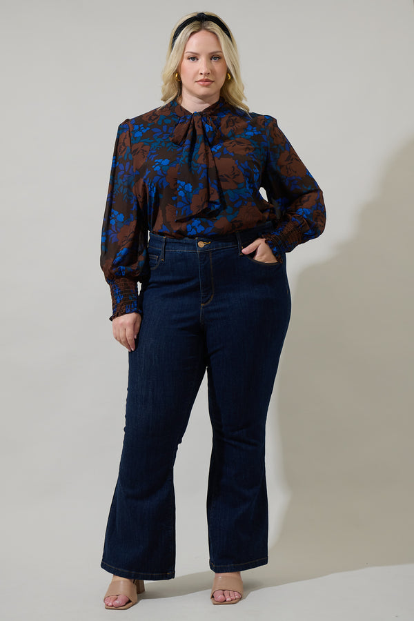 Sugarlips Lebanon Floral Etienne Tie Neck Long Sleeve Blouse Curve