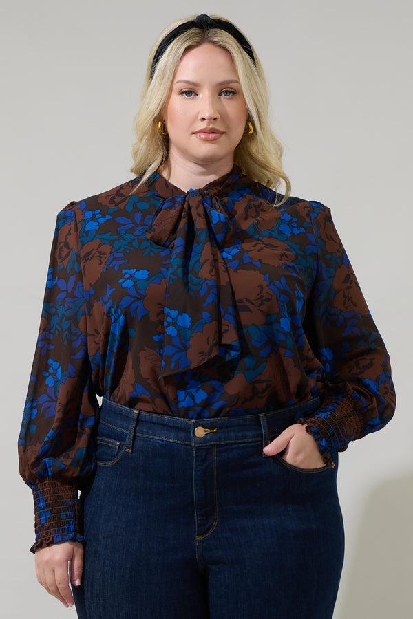 sugarlips Lebanon Floral Etienne Tie Neck Long Sleeve Blouse Curve