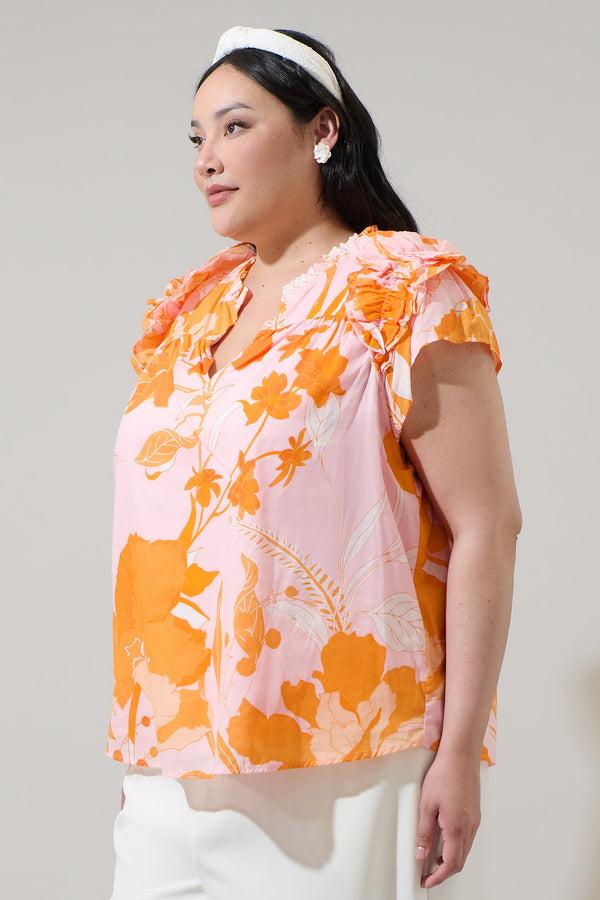 Sugarlips Lenira Floral Ramona Ruffle Split Neck Top Curve