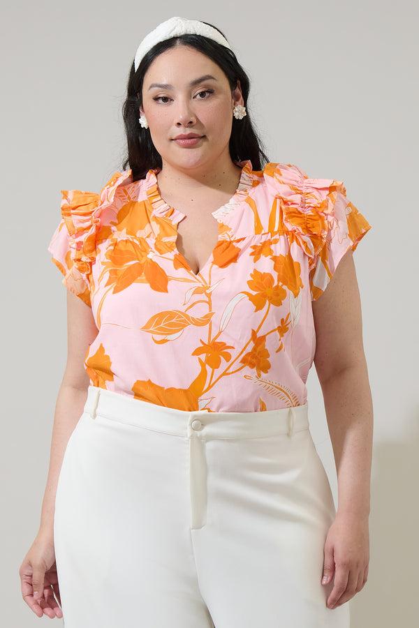 sugarlips Lenira Floral Ramona Ruffle Split Neck Top Curve