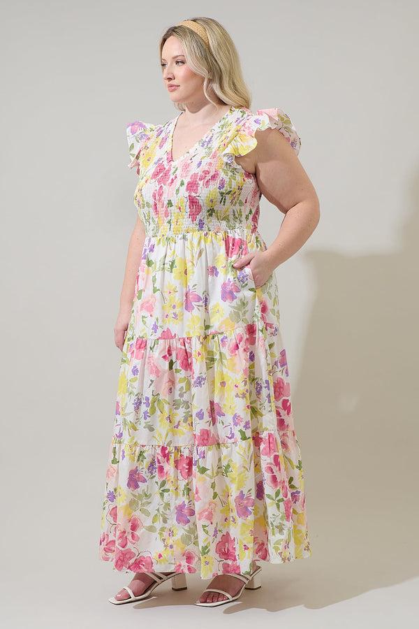 Sugarlips Leonie Floral Sunfire Tiered Midi Dress Curve