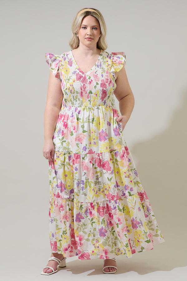 sugarlips Leonie Floral Sunfire Tiered Midi Dress Curve