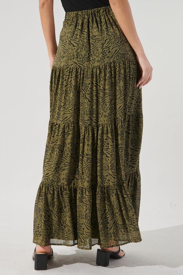 Sugarlips Leonna Olive Leopard Bellingham Tiered Maxi Skirt