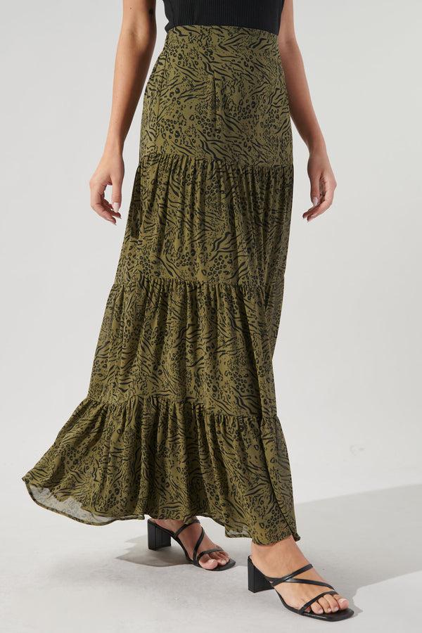 Sugarlips Leonna Olive Leopard Bellingham Tiered Maxi Skirt