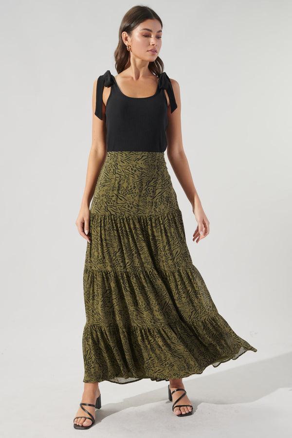 Sugarlips Leonna Olive Leopard Bellingham Tiered Maxi Skirt
