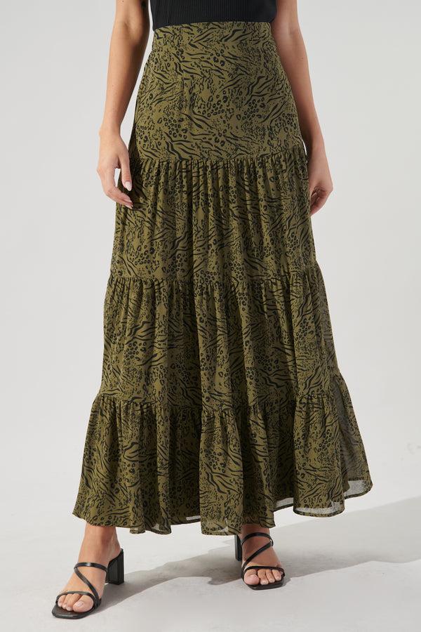 sugarlips Leonna Olive Leopard Bellingham Tiered Maxi Skirt