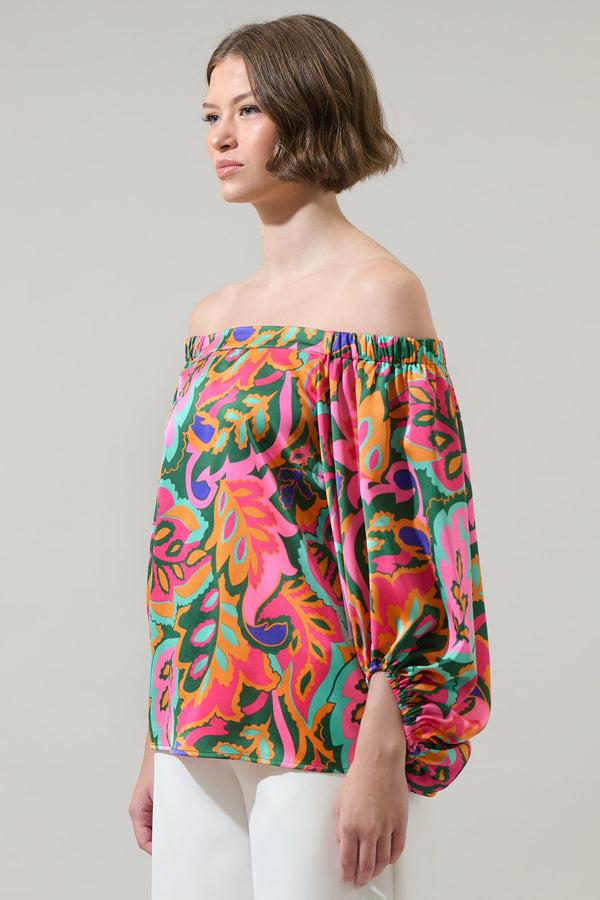Sugarlips Lilia Tropical Floral Off The Shoulder Balloon Sleeve Top