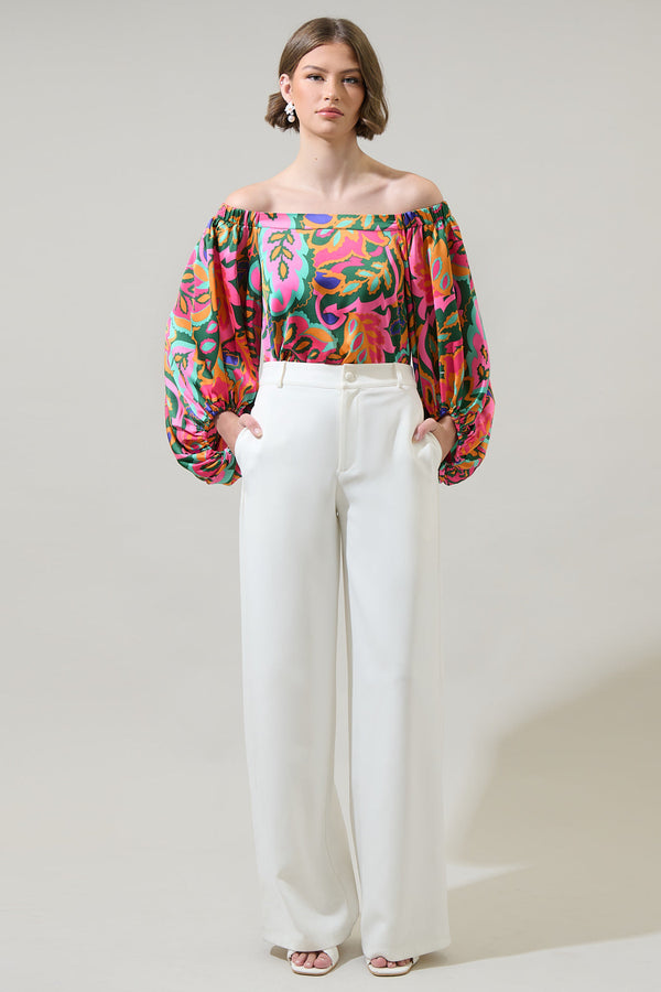 Sugarlips Lilia Tropical Floral Off The Shoulder Balloon Sleeve Top