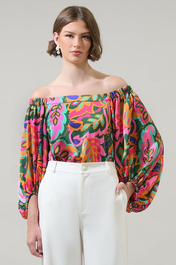 sugarlips Lilia Tropical Floral Off the Shoulder Balloon Sleeve Top