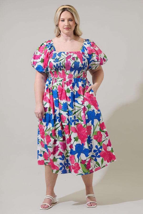 sugarlips Liran Floral Maray Smocked Midi Dress Curve