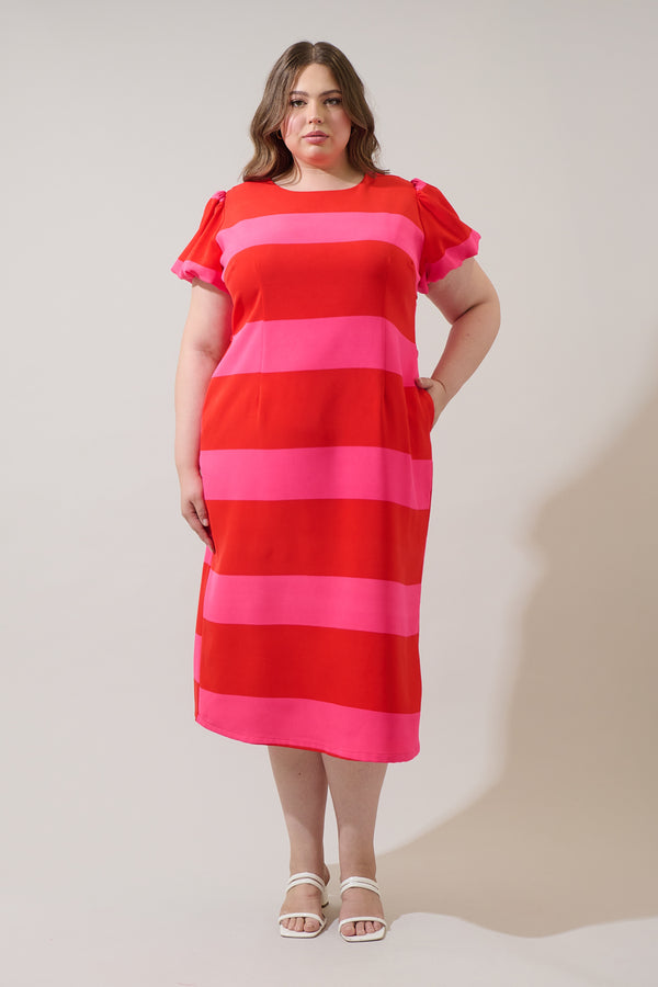 Sugarlips Lolli Stripe Senidy Puff Sleeve Midi Dress Curve