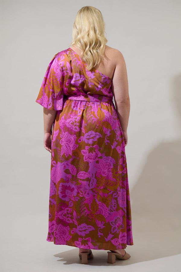 Sugarlips Lorian Floral Meara One Shoulder Satin Maxi Dress Curve