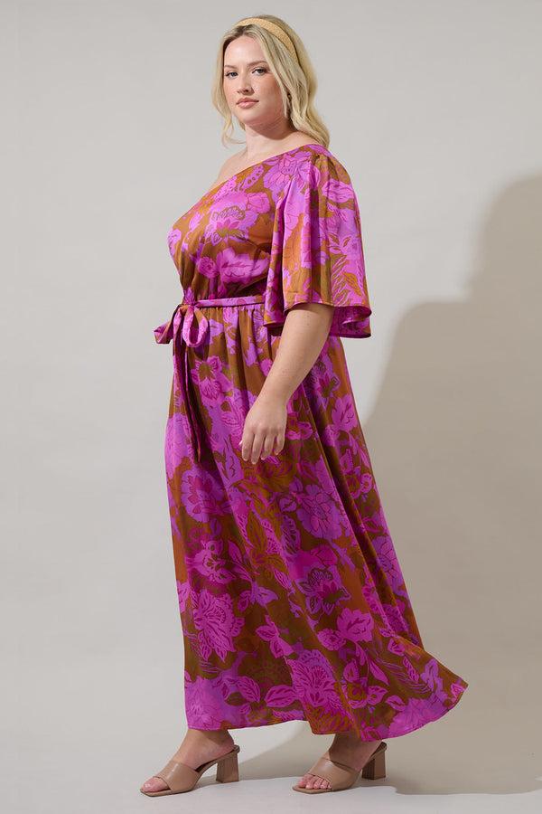 Sugarlips Lorian Floral Meara One Shoulder Satin Maxi Dress Curve