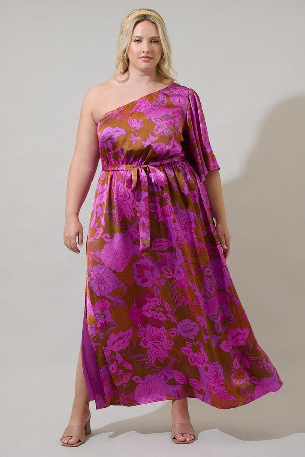 Sugarlips Lorian Floral Meara One Shoulder Satin Maxi Dress Curve