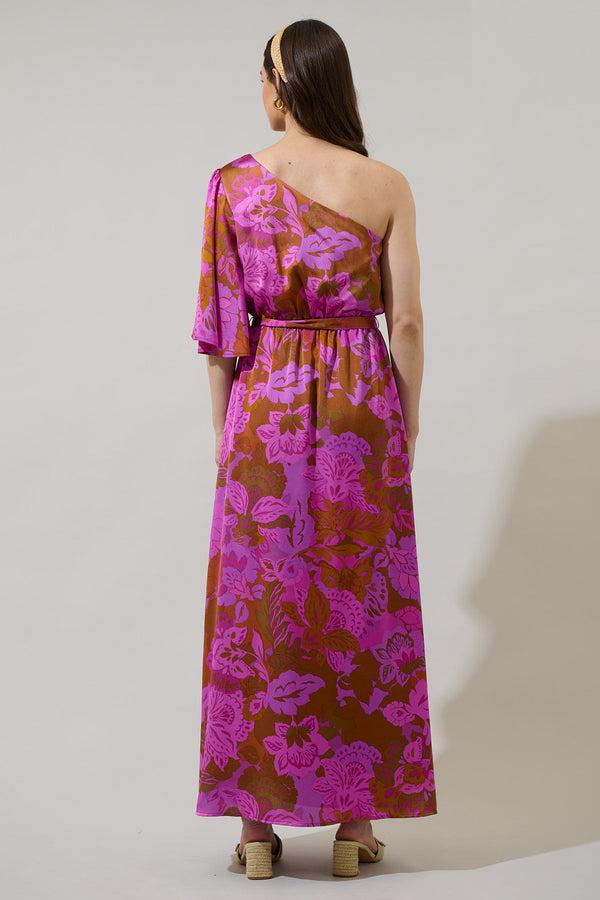 Sugarlips Lorian Floral Meara One Shoulder Satin Maxi Dress