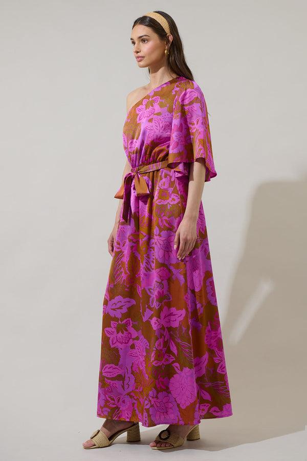 Sugarlips Lorian Floral Meara One Shoulder Satin Maxi Dress