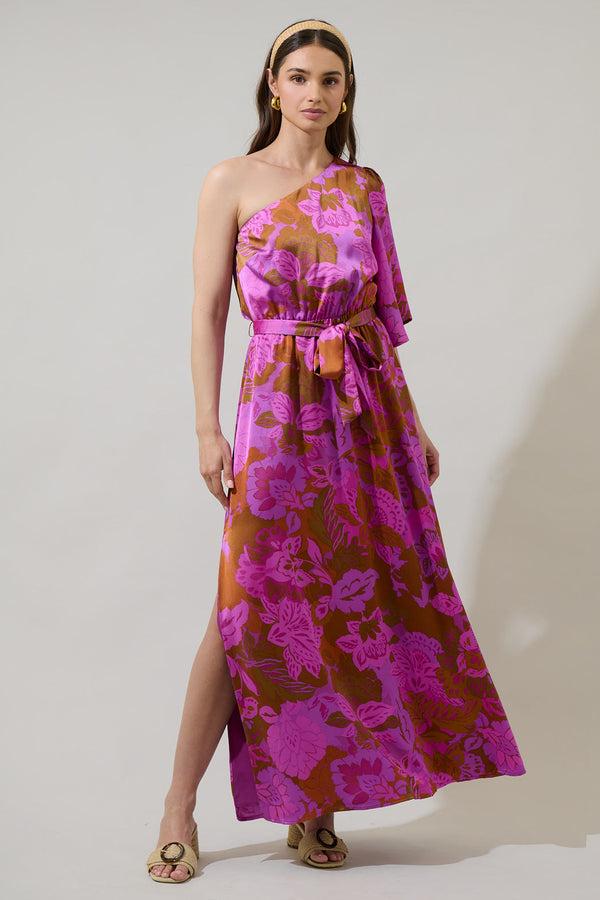 sugarlips Lorian Floral Meara One Shoulder Satin Maxi Dress